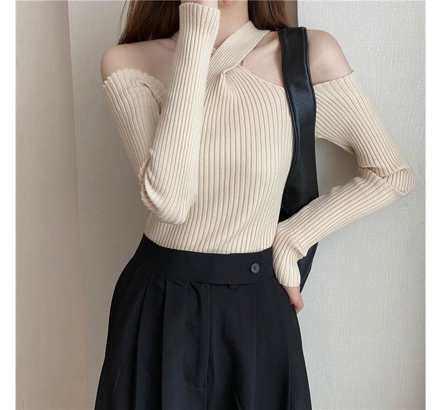 Plain Halter Top Long-Sleeve Cold-Shoulder Knit
