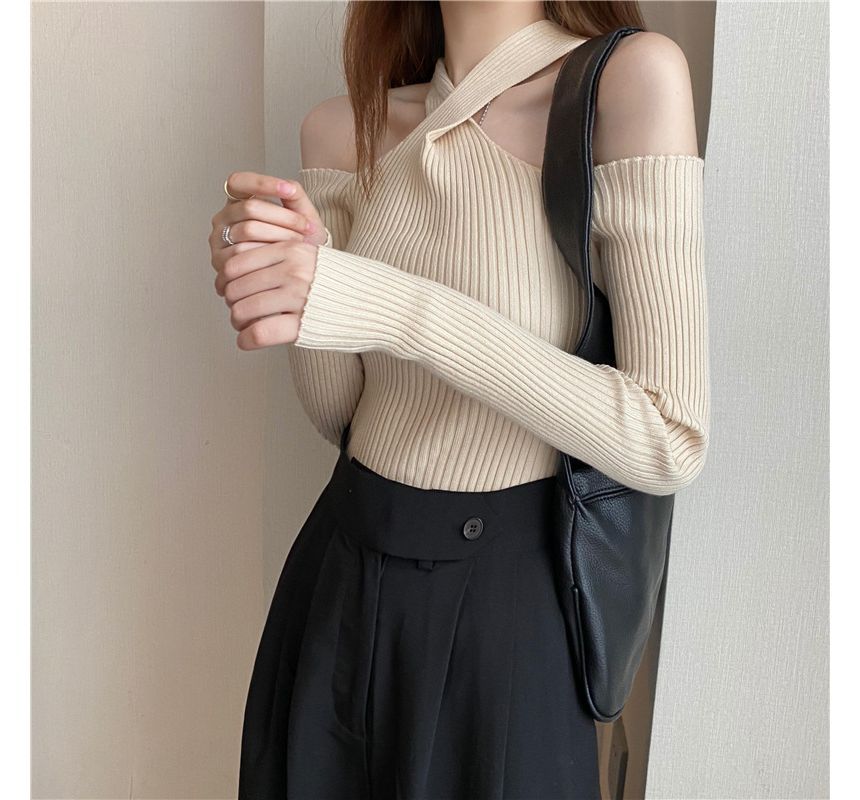 Plain Halter Top Long-Sleeve Cold-Shoulder Knit