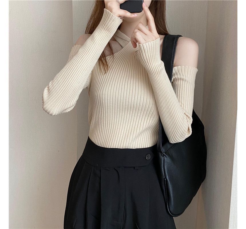 Plain Halter Top Long-Sleeve Cold-Shoulder Knit