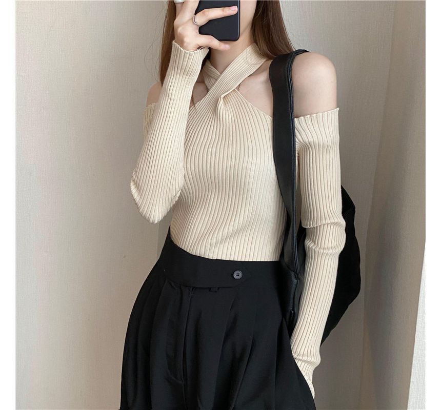 Plain Halter Top Long-Sleeve Cold-Shoulder Knit