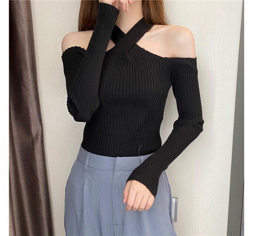 Plain Halter Top Long-Sleeve Cold-Shoulder Knit