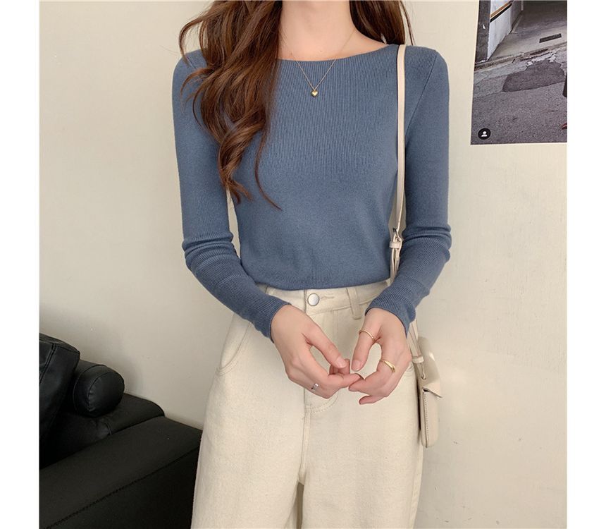 Long-Sleeve Slim-Fit Plain Knit Top