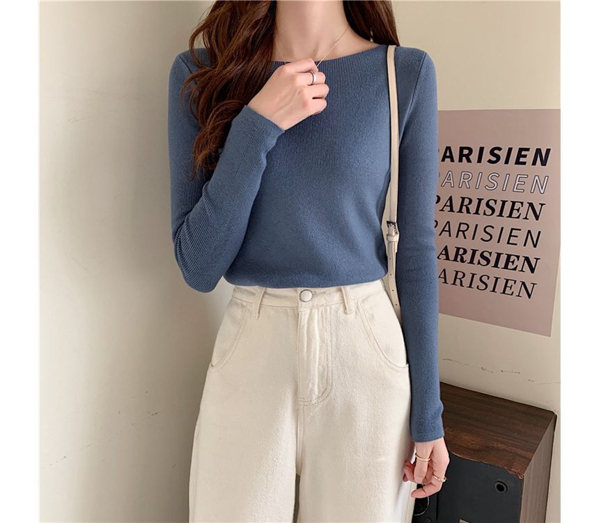 Long-Sleeve Slim-Fit Plain Knit Top