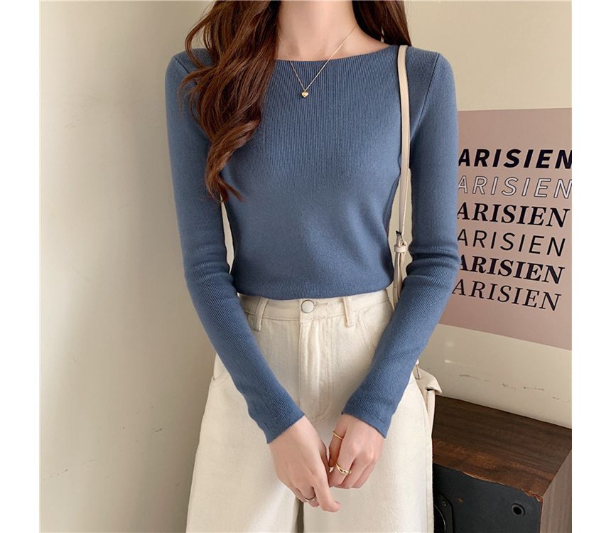 Long-Sleeve Slim-Fit Plain Knit Top