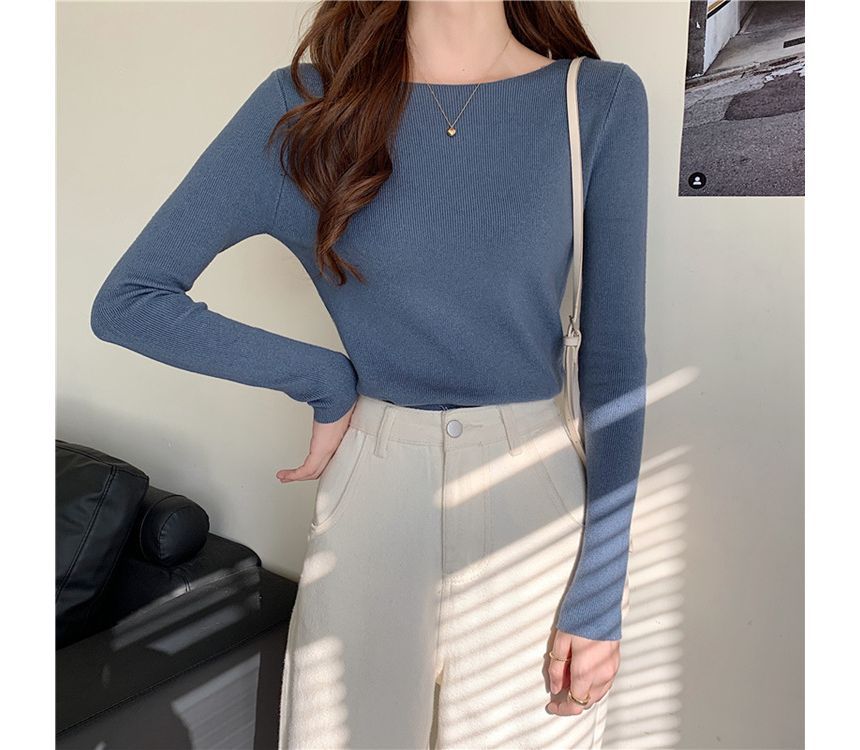 Long-Sleeve Slim-Fit Plain Knit Top