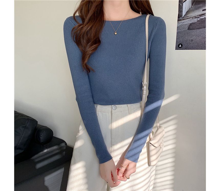 Long-Sleeve Slim-Fit Plain Knit Top
