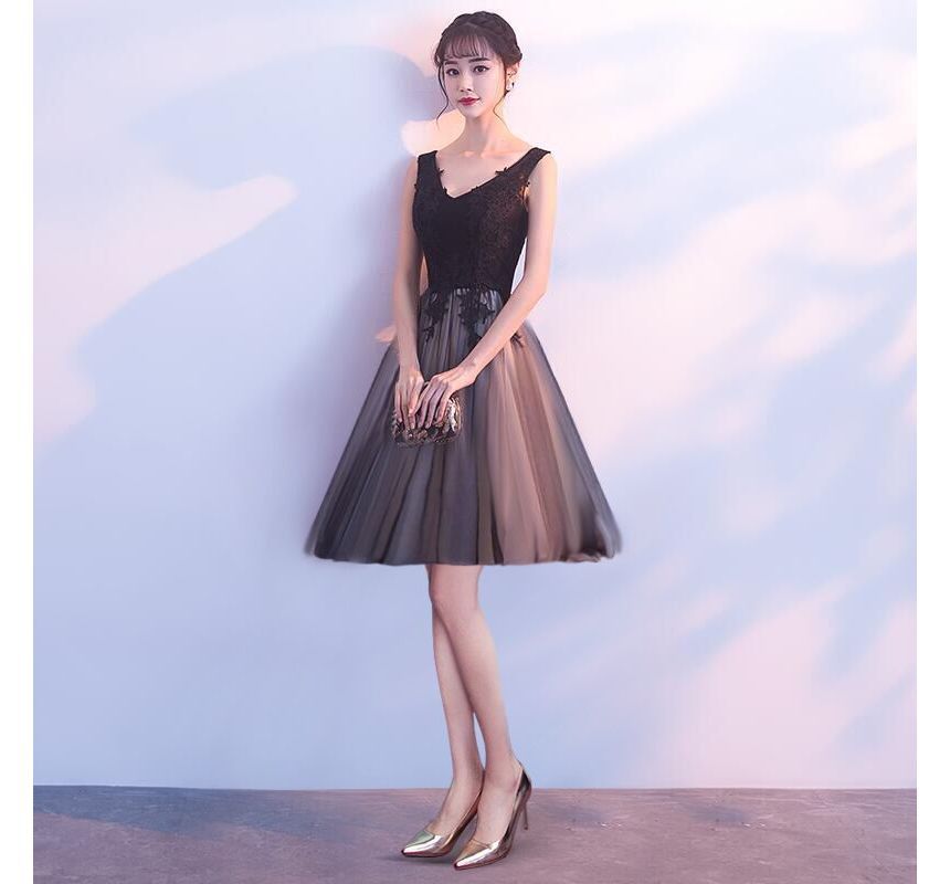 A-Line V-Neck / Evening Sleeveless Gown Dress Cocktail Lace Mesh Panel