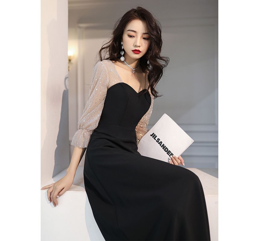 3/4-Sleeve Sweetheart Neck Sequin Panel Mesh A-Line Evening Gown / Cocktail Dress