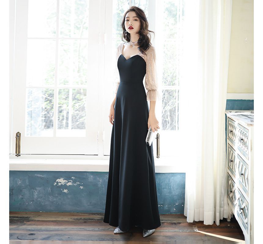 Sweetheart Sequin A-Line Neck Dress Cocktail Gown Panel Evening / Mesh 3/4-Sleeve