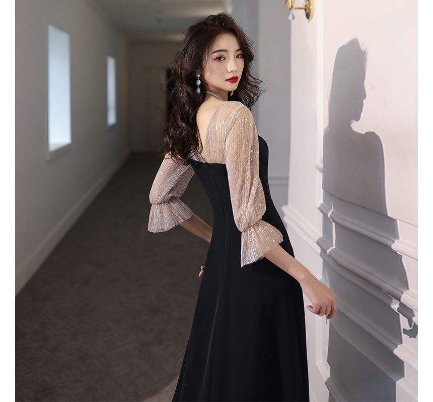 Sweetheart Sequin A-Line Neck Dress Cocktail Gown Panel Evening / Mesh 3/4-Sleeve