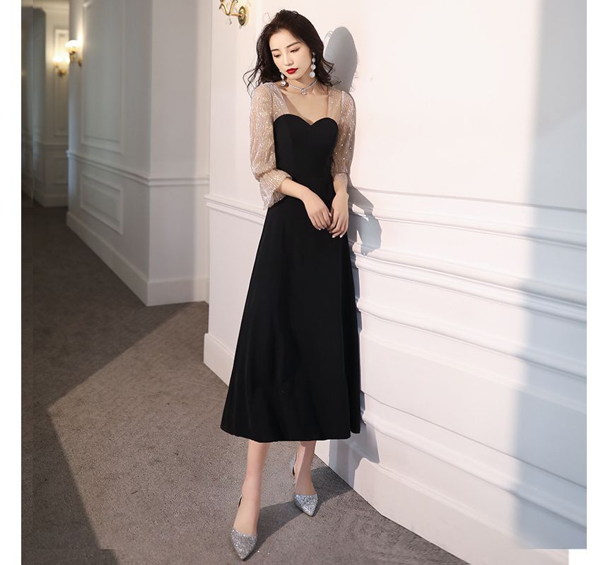 3/4-Sleeve Sweetheart Neck Sequin Panel Mesh A-Line Evening Gown / Cocktail Dress