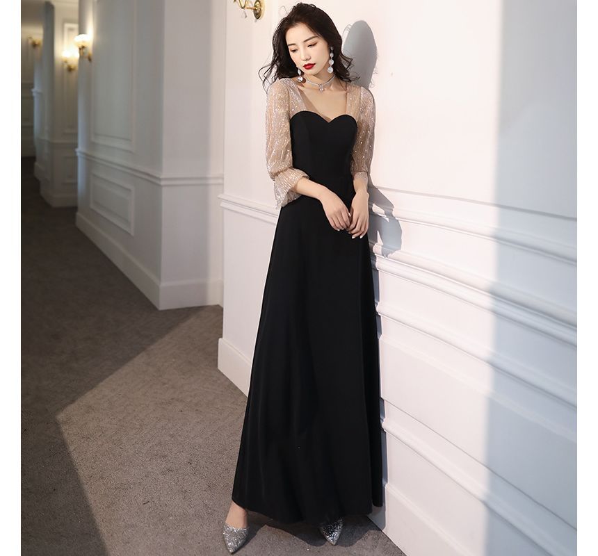 3/4-Sleeve Sweetheart Neck Sequin Panel Mesh A-Line Evening Gown / Cocktail Dress