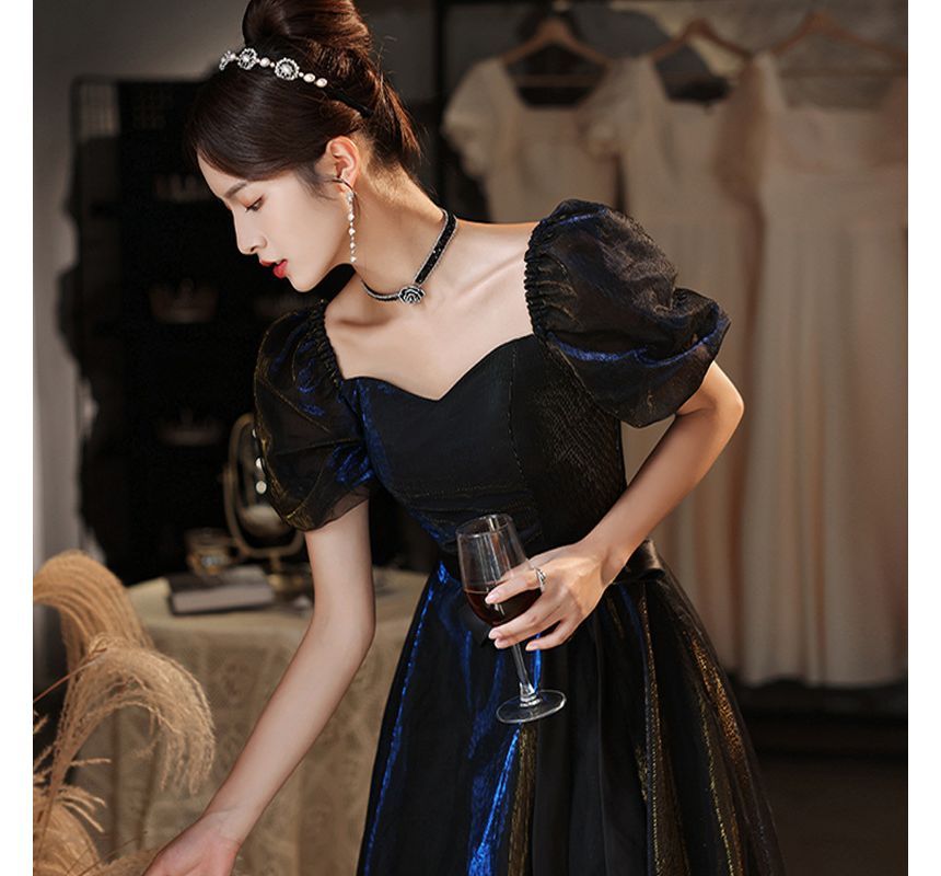 Mesh Evening Gown Sleeve Dress A-Line Puff Cocktail /