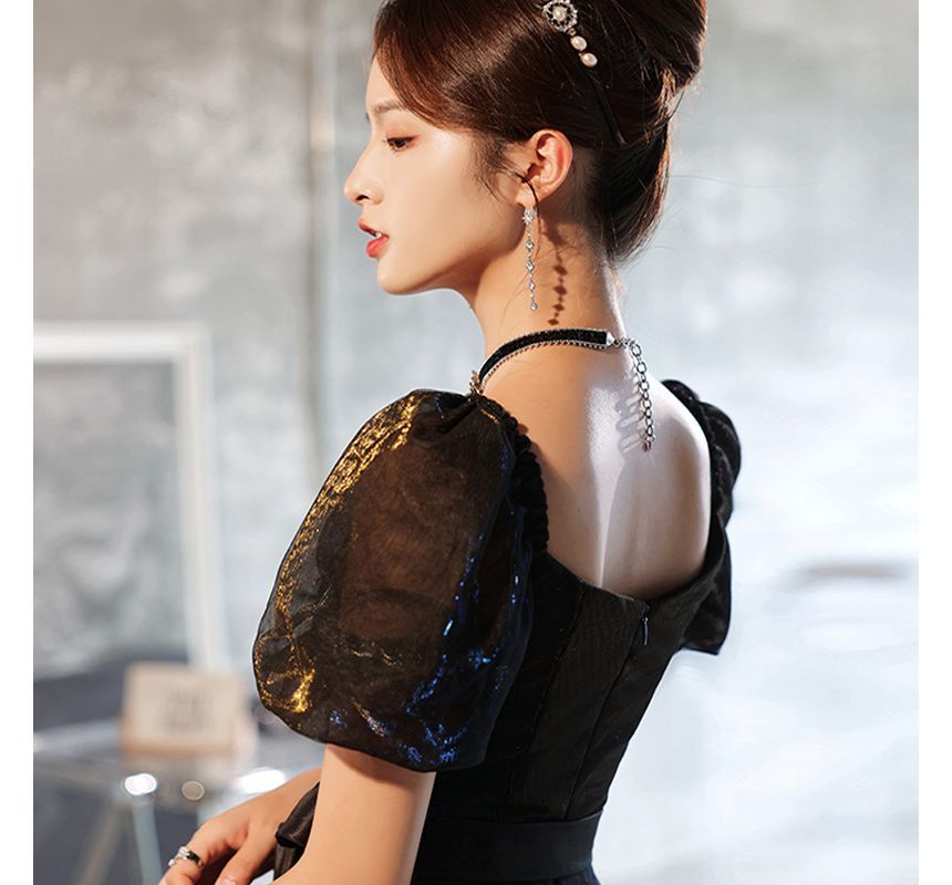 Mesh Evening Gown Sleeve Dress A-Line Puff Cocktail /