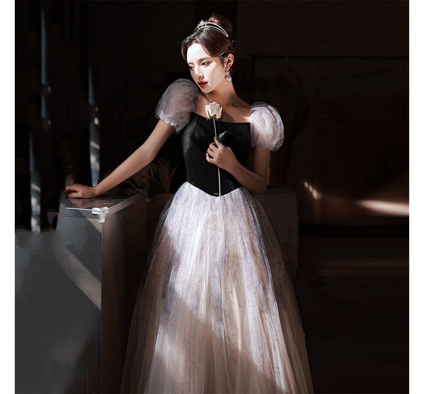 Mesh Evening Gown Sleeve Dress A-Line Puff Cocktail /