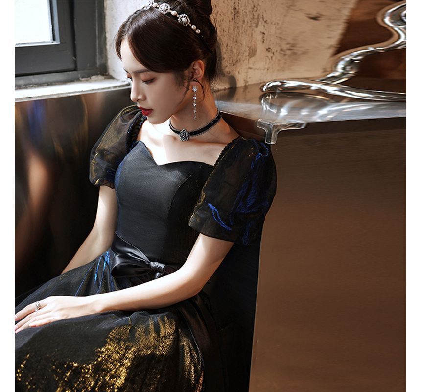 Mesh Evening Gown Sleeve Dress A-Line Puff Cocktail /