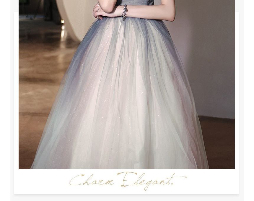 Gown Gradient Evening Midi / Puff-Sleeve A-Line Dress Mesh