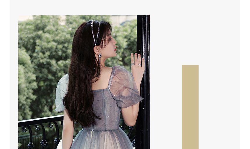 Gown Gradient Evening Midi / Puff-Sleeve A-Line Dress Mesh