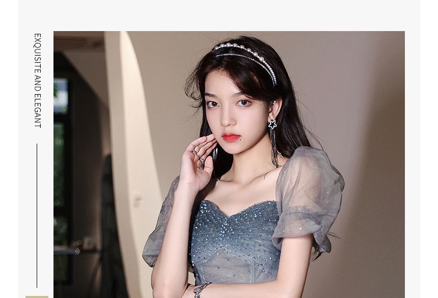 Gown Gradient Evening Midi / Puff-Sleeve A-Line Dress Mesh