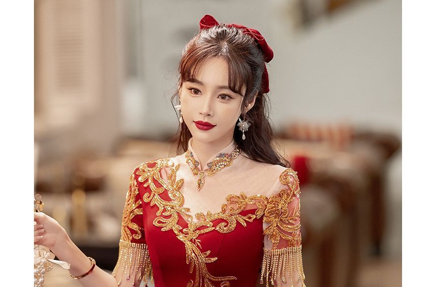 Sequin Short-Sleeve / Fringed Midi Gown A-Line Evening Dress