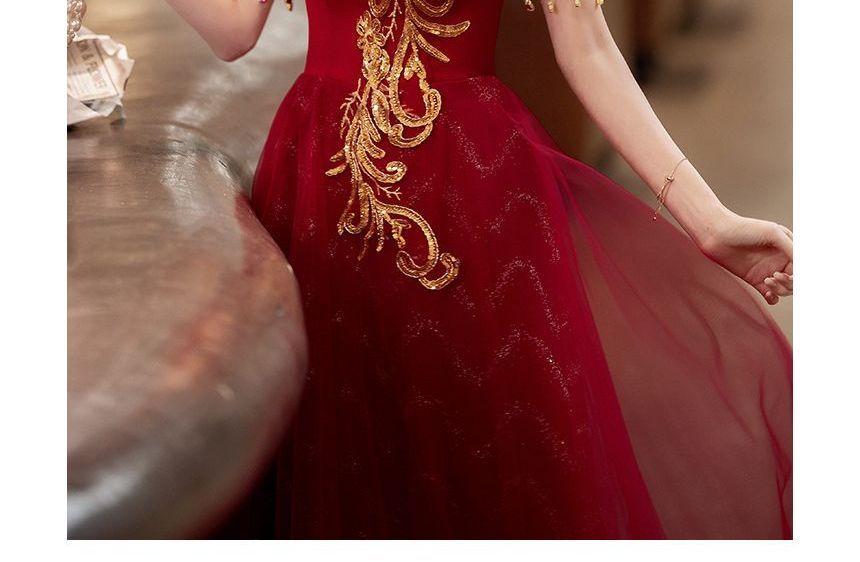 Sequin Short-Sleeve / Fringed Midi Gown A-Line Evening Dress