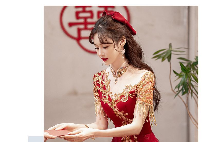 Sequin Short-Sleeve / Fringed Midi Gown A-Line Evening Dress