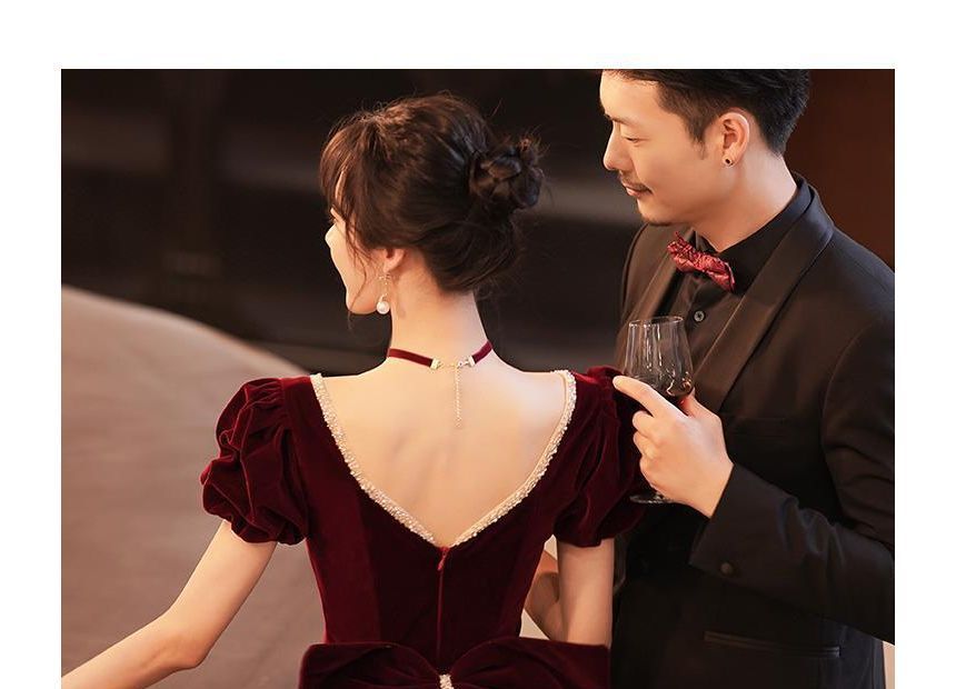 Bow Puff-Sleeve / Evening Midi Mermaid Gown Dress