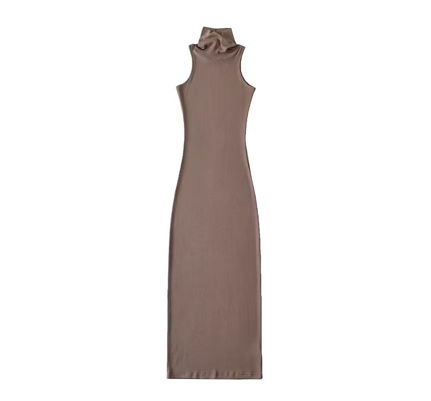 Sleeveless Turtleneck Plain Dress Slim-Fit