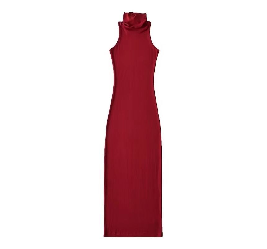 Plain Dress Turtleneck Sleeveless Slim-Fit