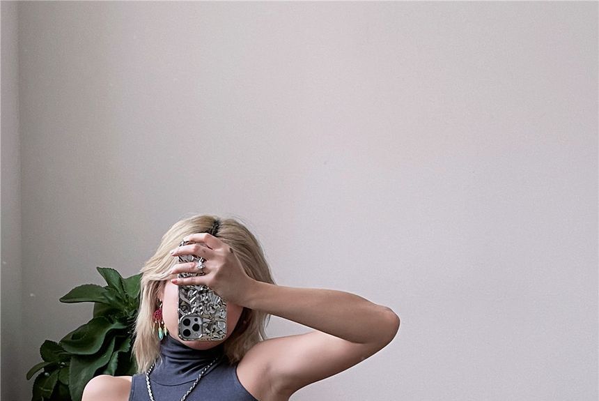 Sleeveless Turtleneck Plain Dress Slim-Fit