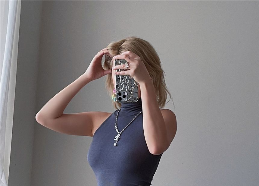 Sleeveless Turtleneck Plain Dress Slim-Fit