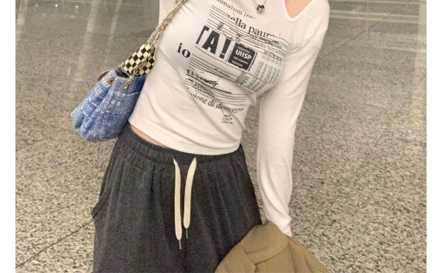 Cold-Shoulder Top Long-Sleeve Slim-Fit Print