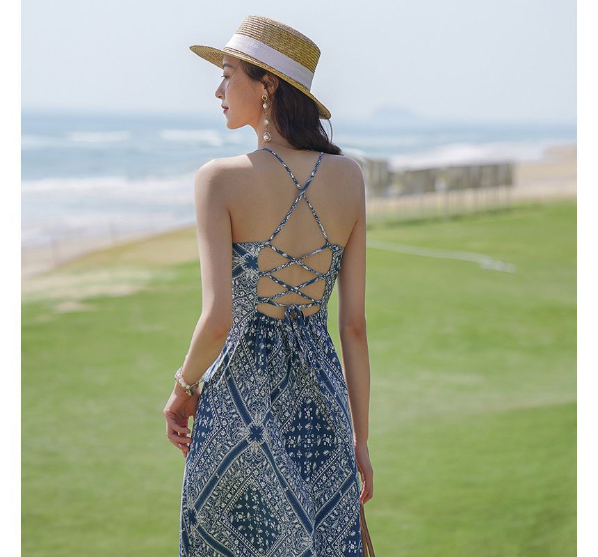 Dress Midi A-Line Strap Print Paisley Spaghetti