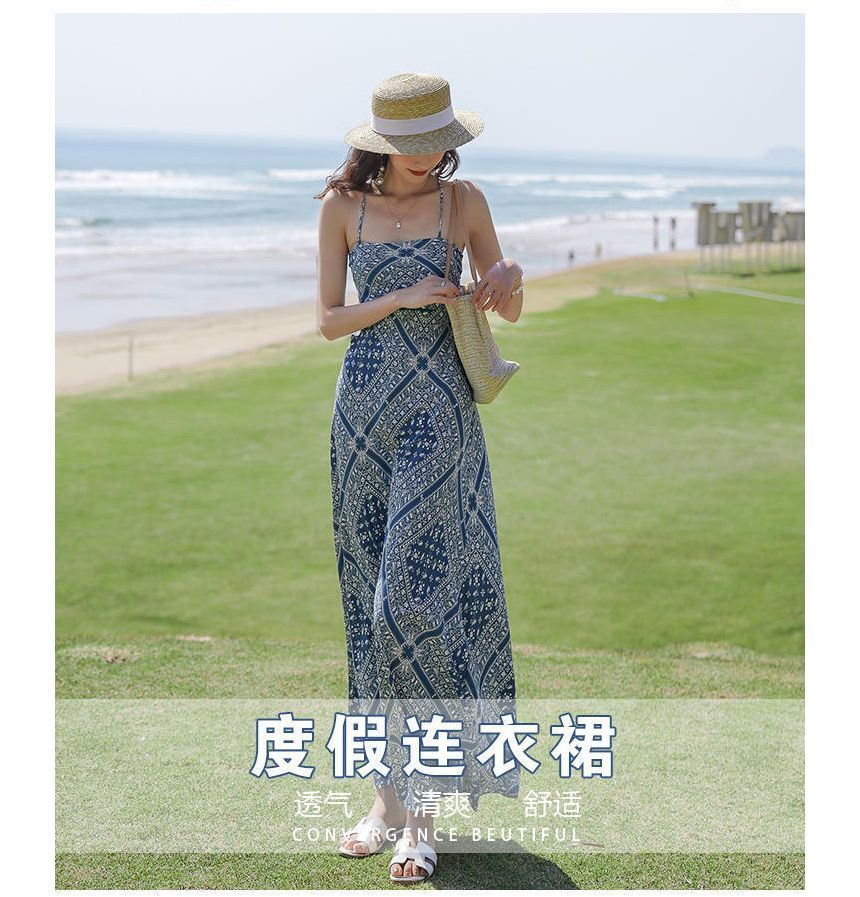 Dress Midi A-Line Strap Print Paisley Spaghetti