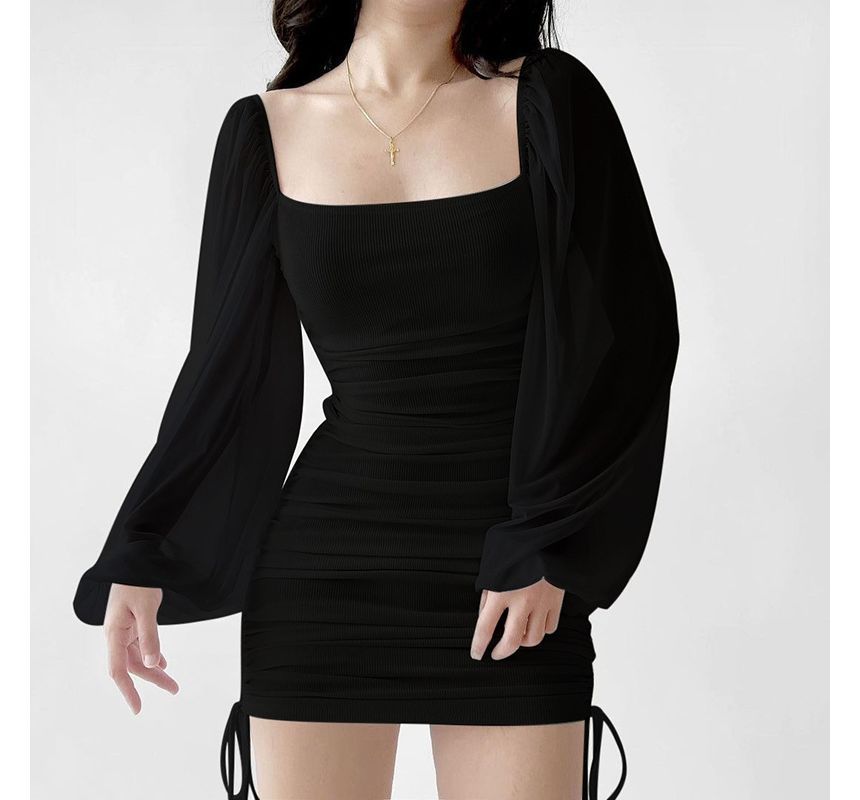 Dress Plain Mini Neck Square Puff-Sleeve Drawstring Sheath