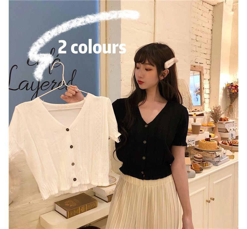 Knit Short-Sleeve V-Neck Top Perforated Button-Up