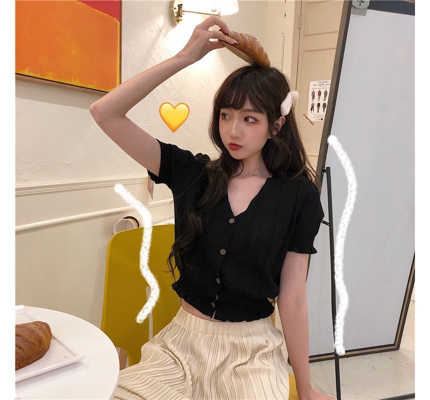 Knit Short-Sleeve V-Neck Top Perforated Button-Up