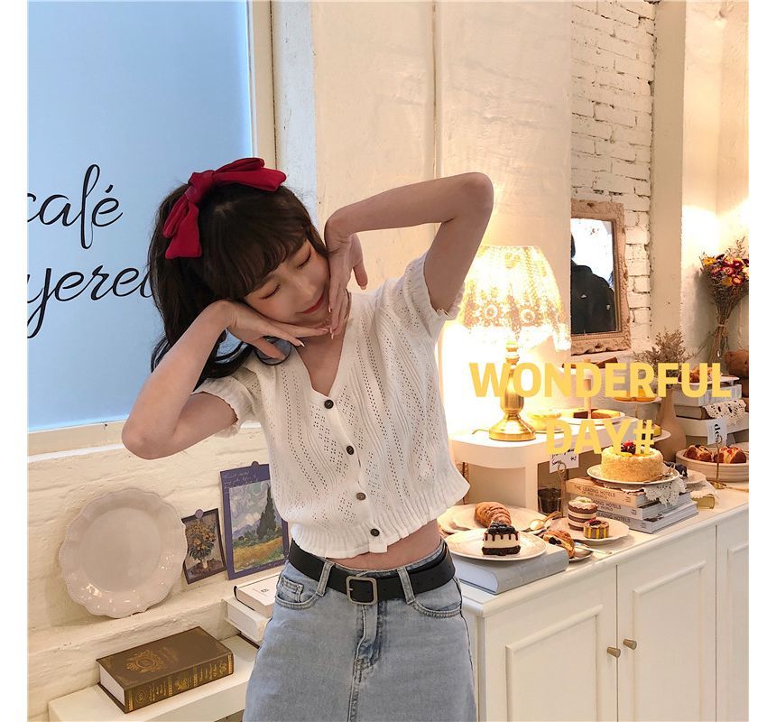 Knit Short-Sleeve V-Neck Top Perforated Button-Up