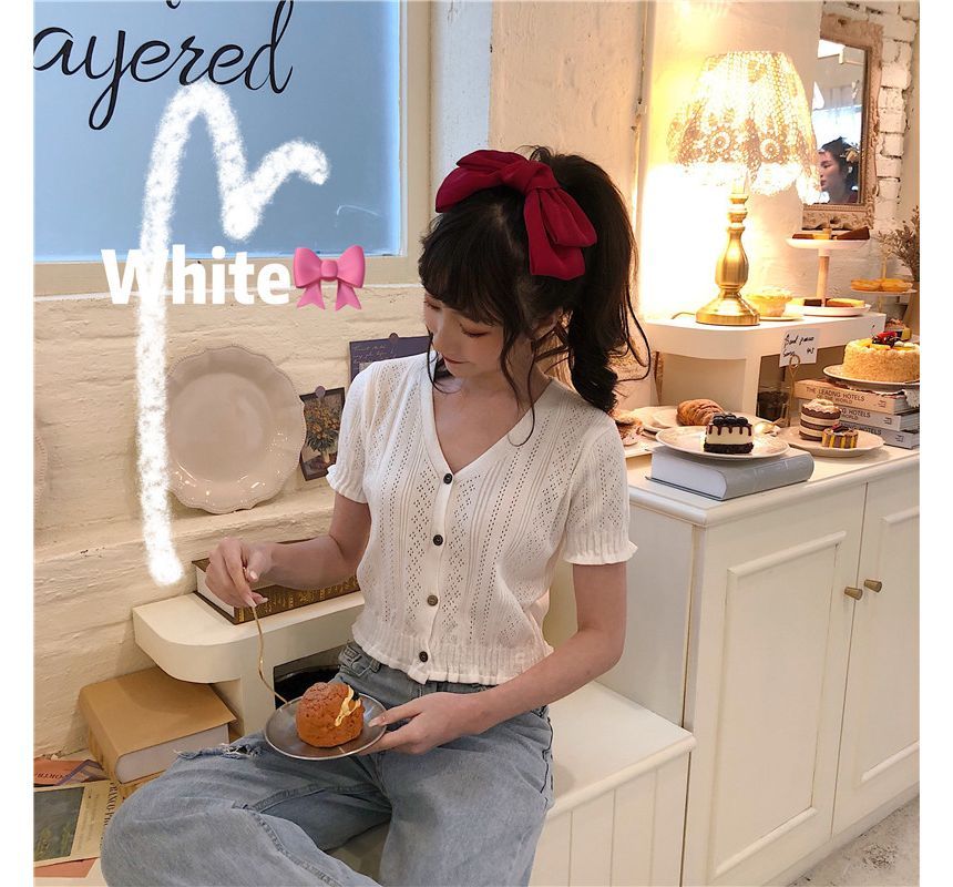 Knit Short-Sleeve V-Neck Top Perforated Button-Up