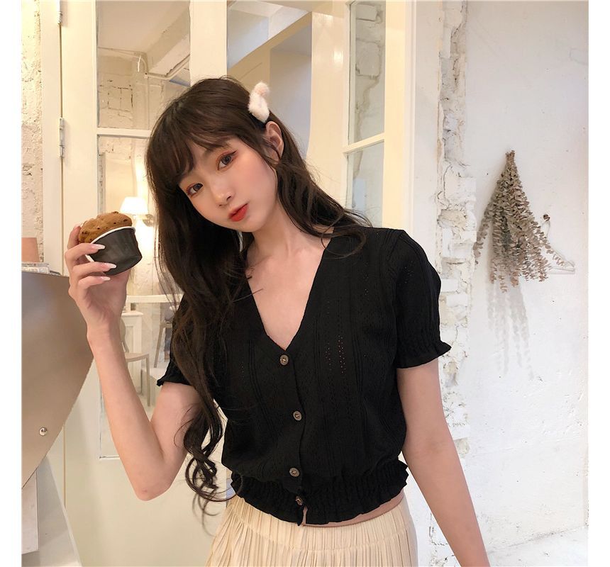 Knit Short-Sleeve V-Neck Top Perforated Button-Up