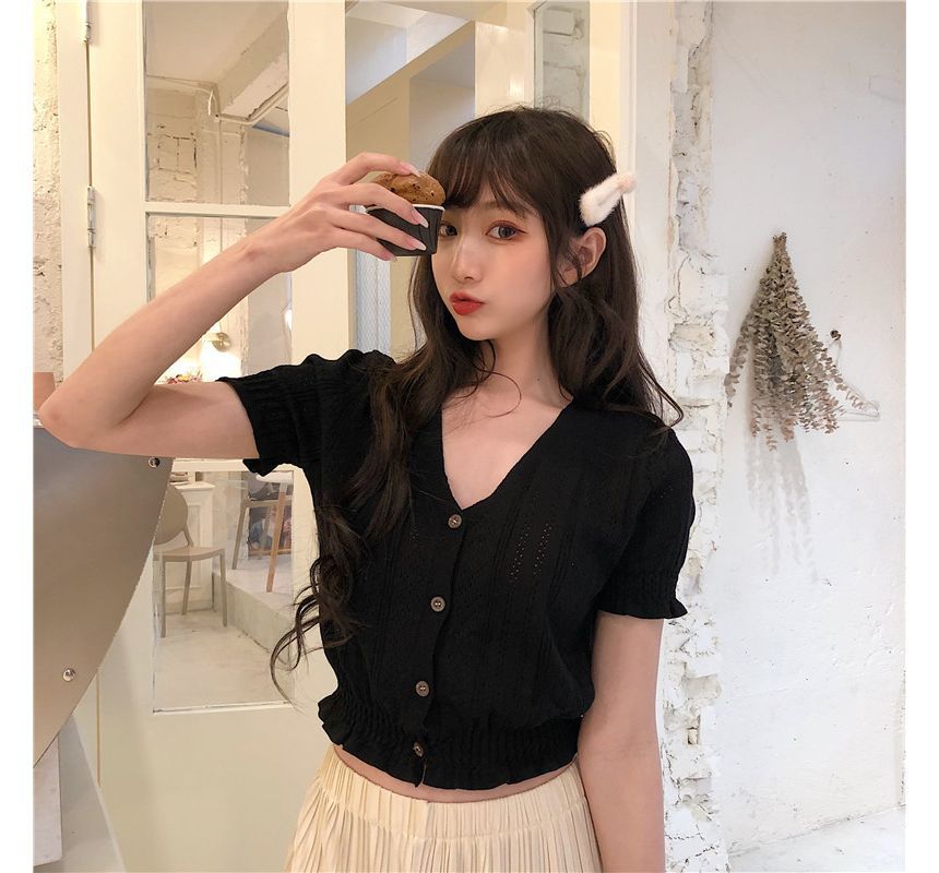 Knit Short-Sleeve V-Neck Top Perforated Button-Up