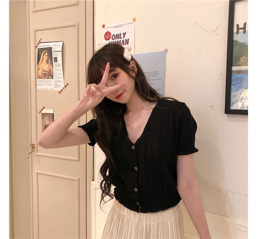 Knit Short-Sleeve V-Neck Top Perforated Button-Up