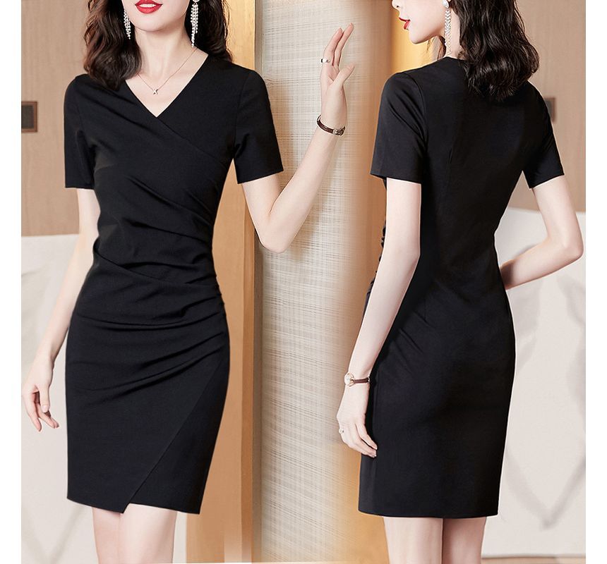 Short-Sleeve Bodycon Wrap Plain Mini Dress V-Neck