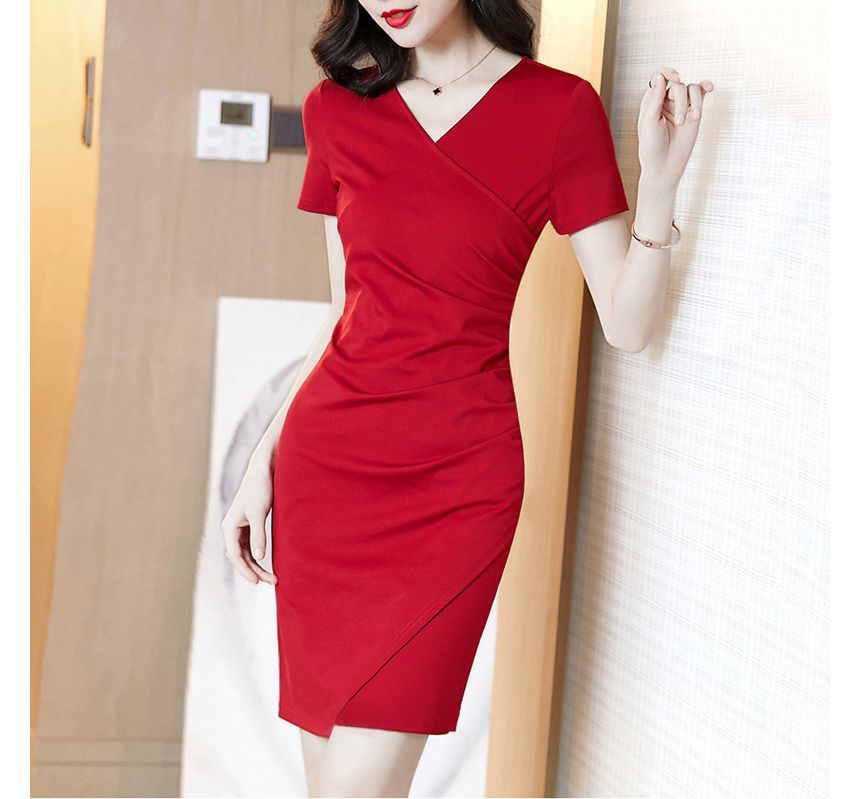 Short-Sleeve Bodycon Wrap Plain Mini Dress V-Neck