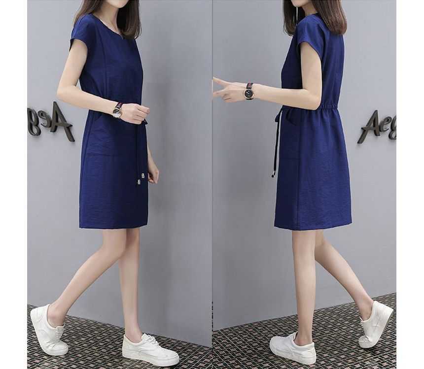 Dress Drawstring-Waist Mini A-Line Plain Short-Sleeve V-Neck