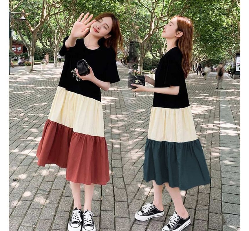 Dress Midi Neck Color Block Short-Sleeve A-Line Crew