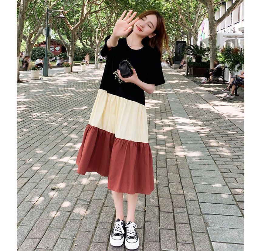 Dress Midi Neck Color Block Short-Sleeve A-Line Crew