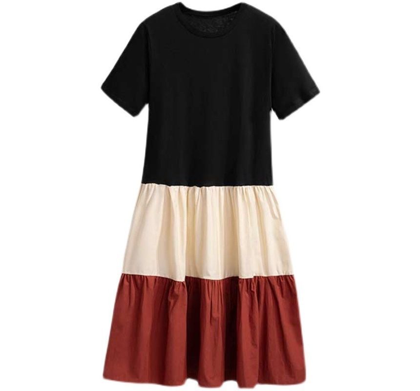 Dress Midi Neck Color Block Short-Sleeve A-Line Crew