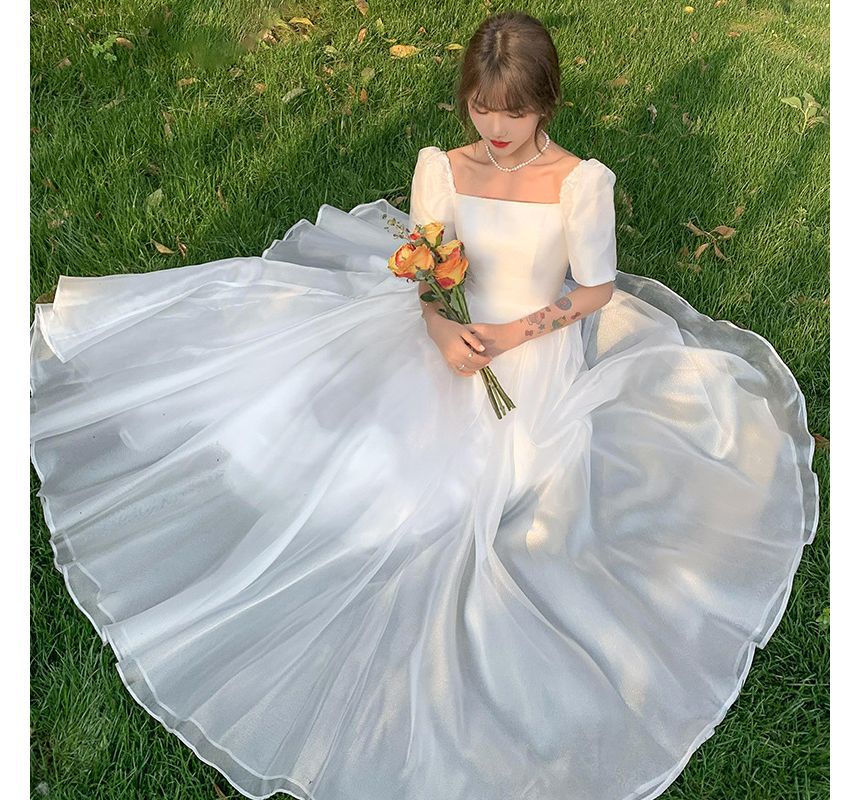 Neck A-Line Gown Dress / Midi Short-Sleeve Wedding Plain Square