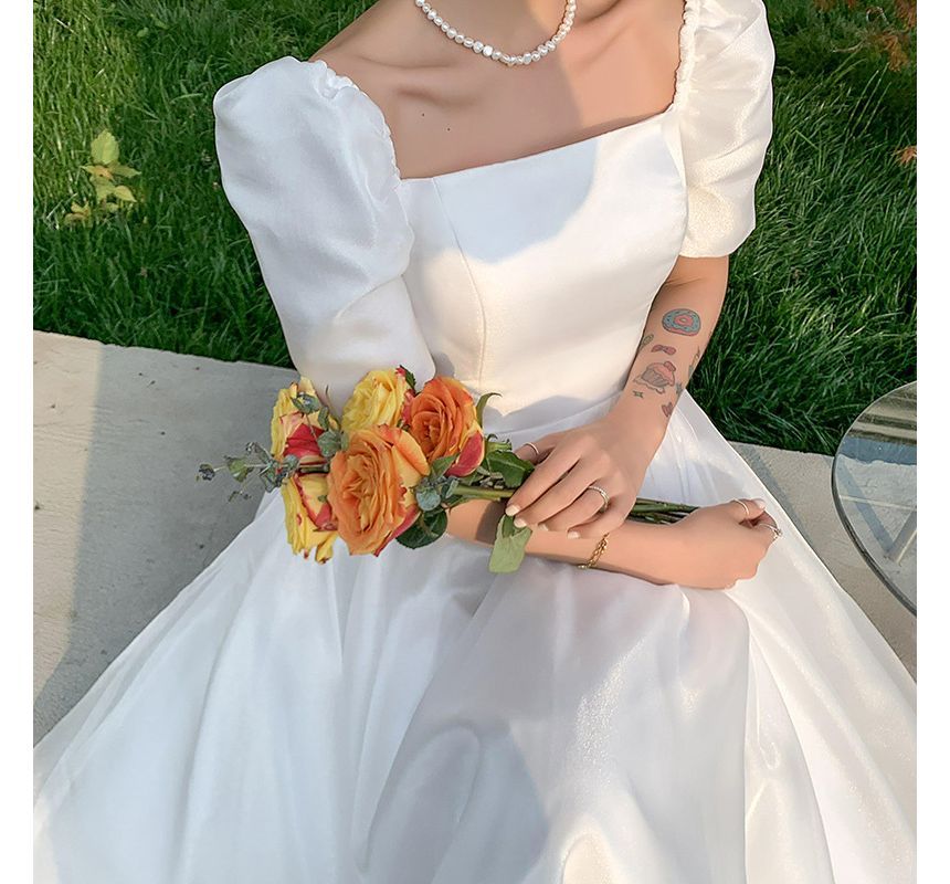 Neck A-Line Gown Dress / Midi Short-Sleeve Wedding Plain Square